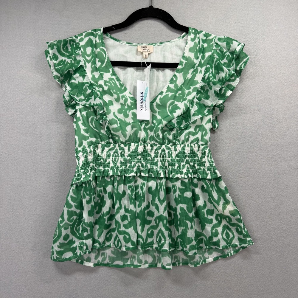 Dizzy Lizzy Blouse Top Womens Medium Green Floral Smocked Waist V Neck Ruffles